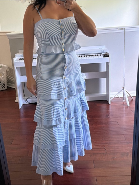 Sandro Dresses & Skirts - Sandro Light Blue and White Striped Ruffle Tiered Maxi Skirt set